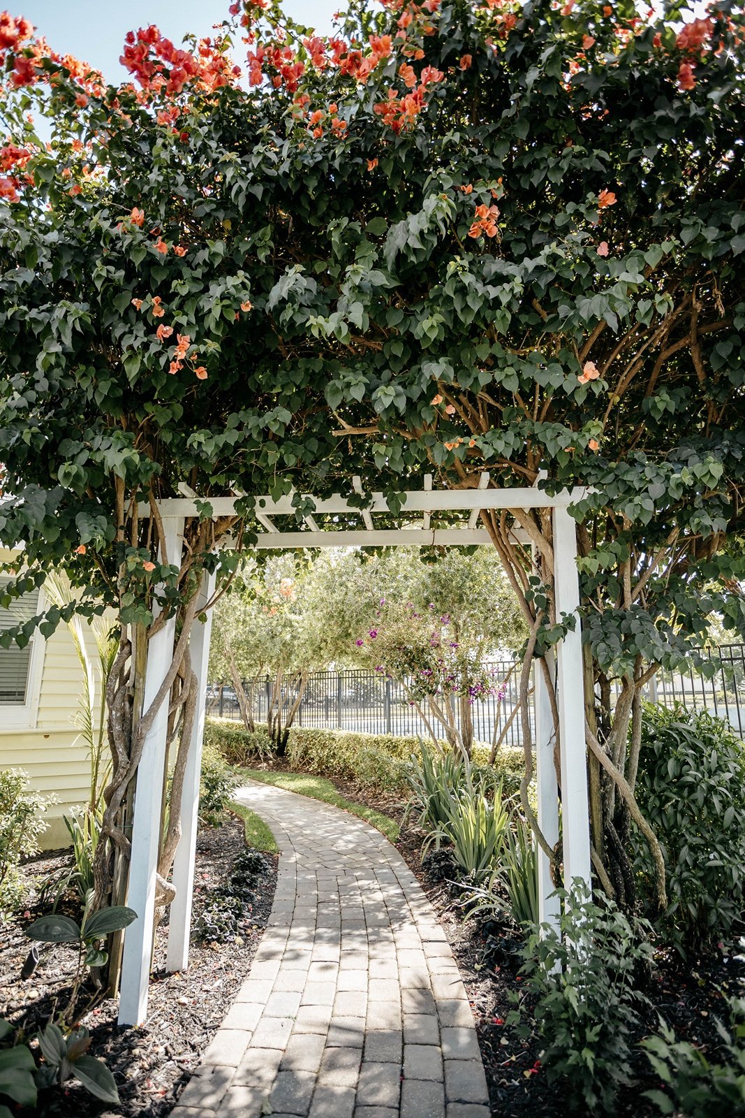 A white arch supports beatiful pink flowers in one of many outdoor wedding venues in central florida